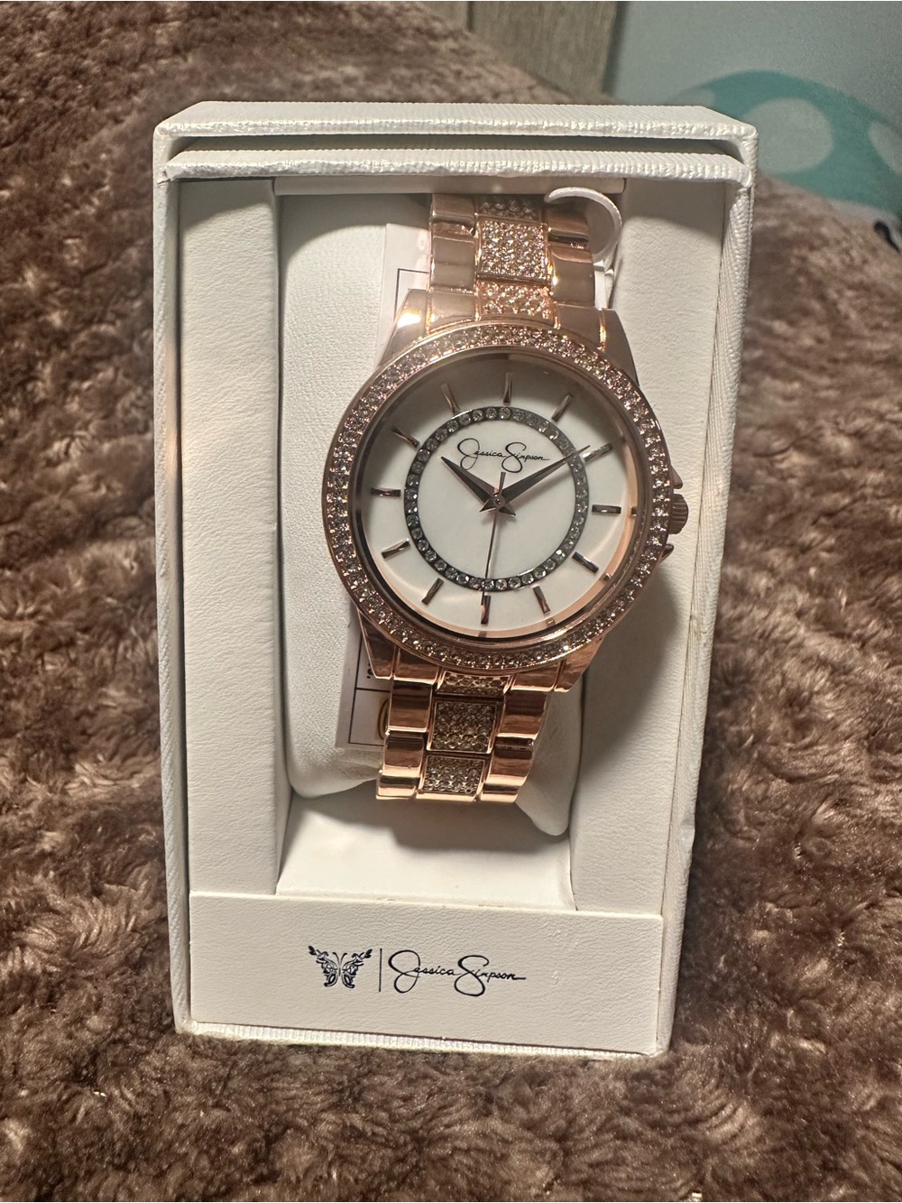 Jessica Simpson Rose Gold Crystal Bracelet Watch with White Dial